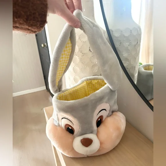 Disney Store Thumper Plush Easter Basket Bunny Ears Yellow Checkered Lined - Picture 1 of 7